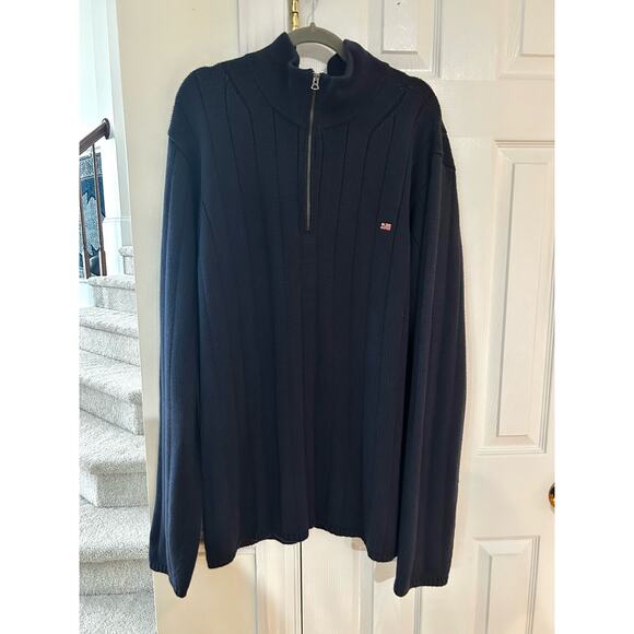 Polo Ralph Lauren Navy Ribbed Flag Logo Quarter Zip Sweater - Picture 1 of 6